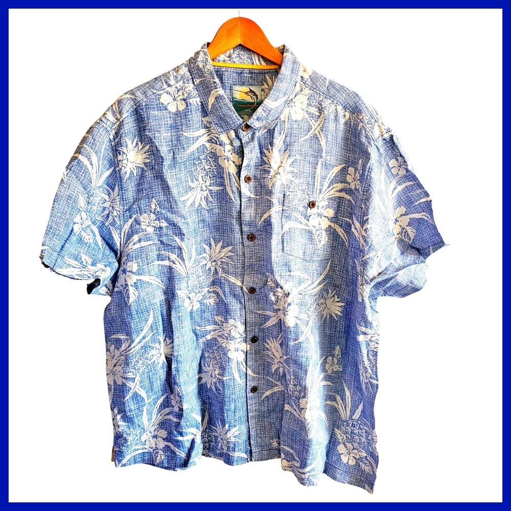 Tommy Bahama Linen Hawaiian Shirt Tropical Floral Print Blue XXL Plus Size‎ Mens